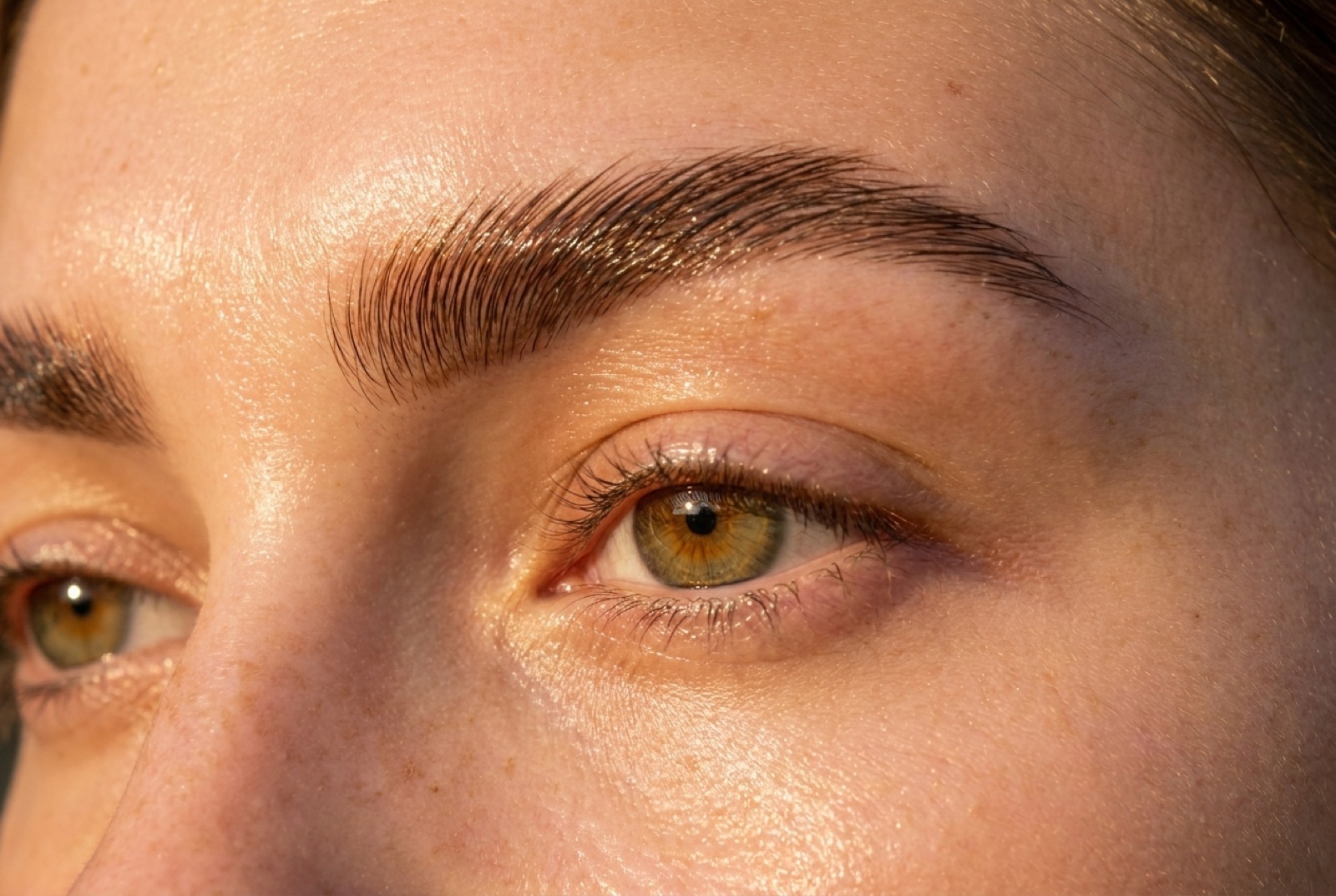 Browlifting Wien – laminierte, nach oben gebürstete volle Augenbrauen im goldenen Licht