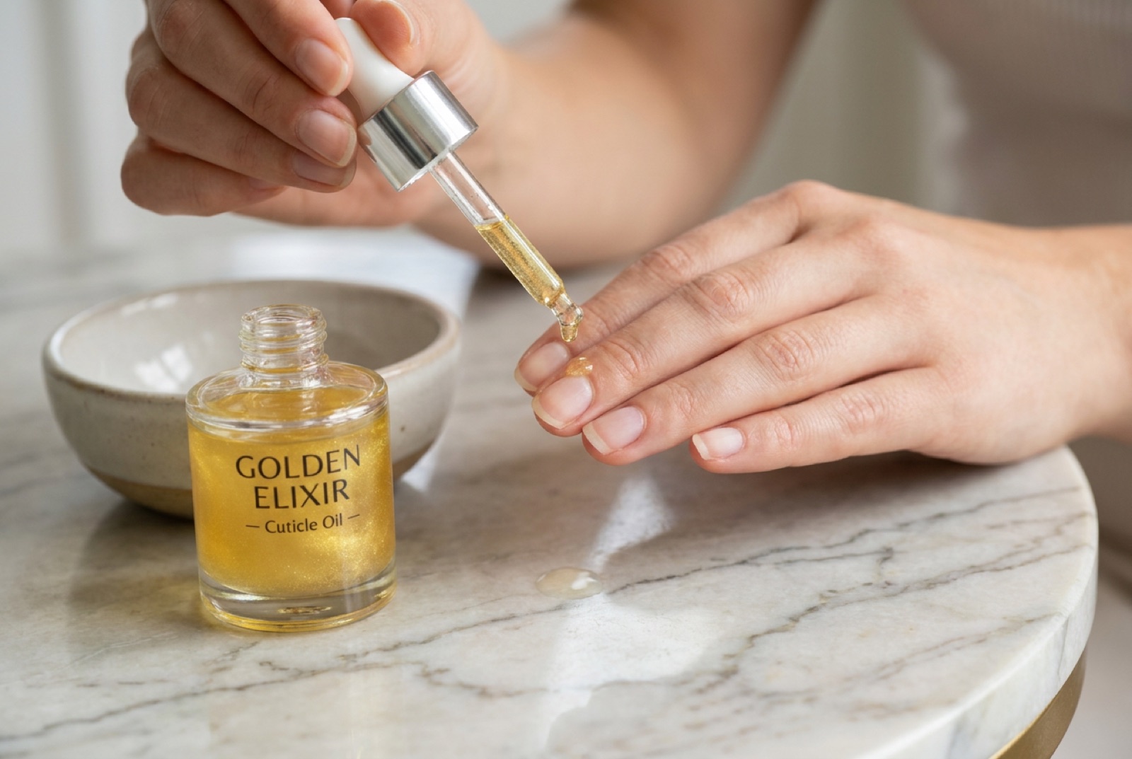 Nagelpflege Wien – Nagelöl wird mit einer Pipette auf die Naturnägel aufgetragen, Marmortisch