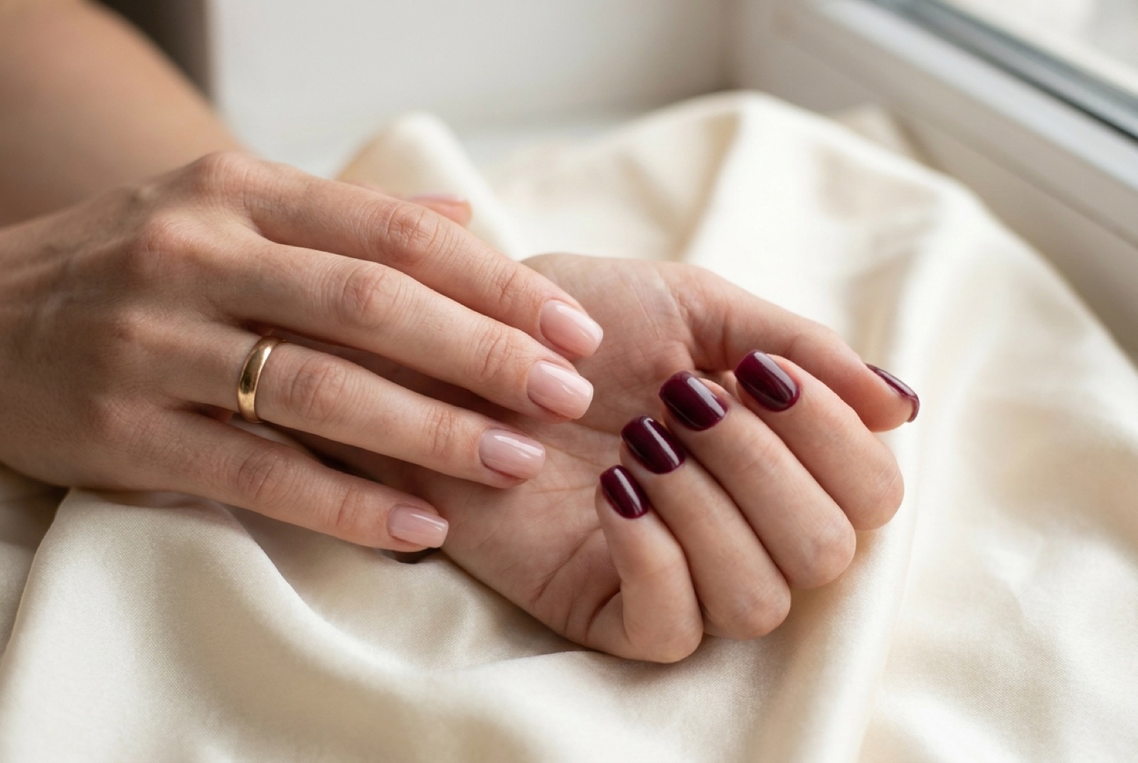 Gellack Wien – zwei Hände mit glänzendem Gellack in Nude und Bordeaux auf heller Seide