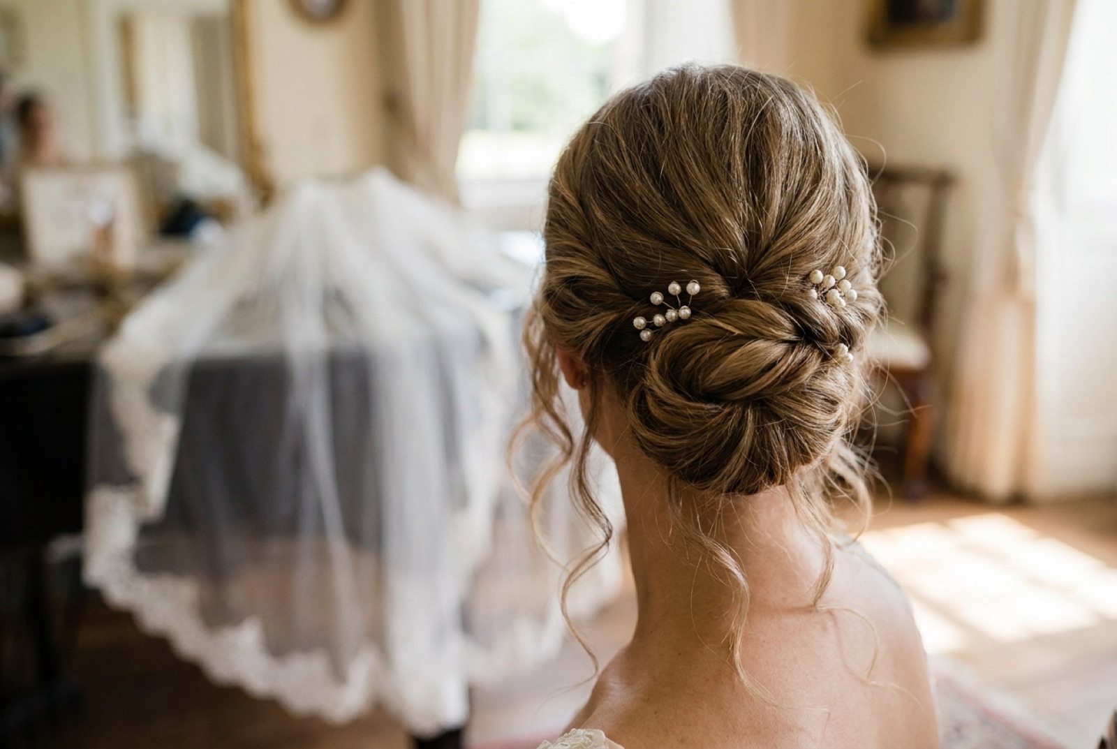 Hochzeitsfrisur Wien – elegante Brautfrisur mit Perlen-Haarnadeln und Schleier, Rückansicht