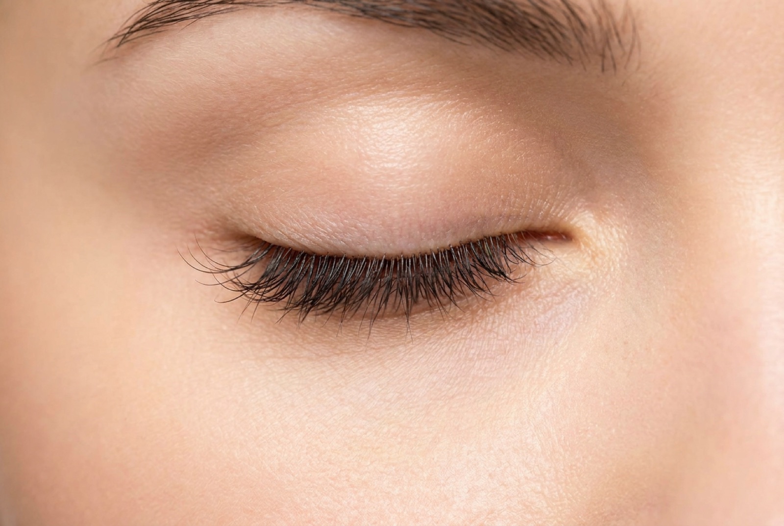 Wimpernlifting Wien – geschlossenes Auge mit gelifteten, dunkel gefärbten Naturwimpern in Nahaufnahme